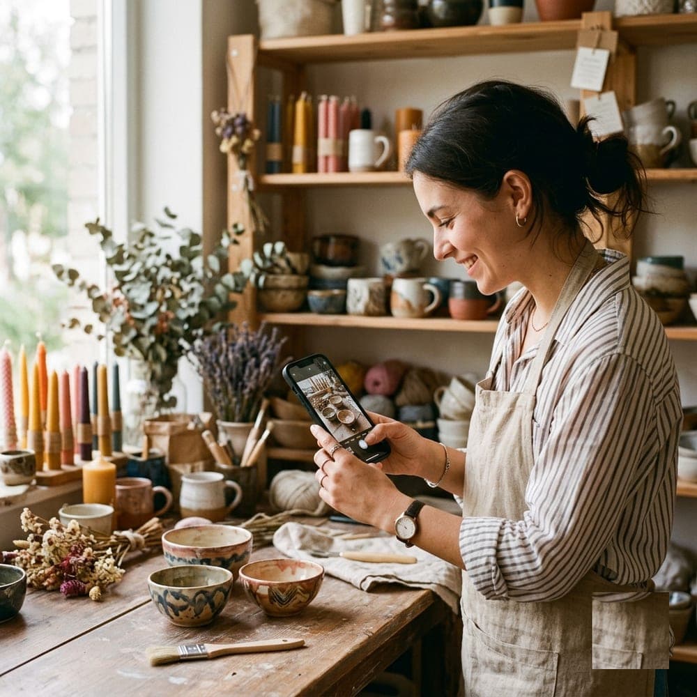 Une artisane photographie ses créations avec son téléphone